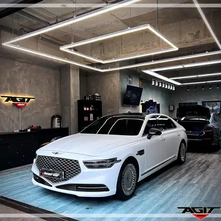제네시스 G90 차량 전체 래핑, 3m 사틴 프로즌 바닐라 시공 - 안산 랩핑 아지트 클로버 카에 완벽한 작업 과정! / 안산 상록구 시공 사진