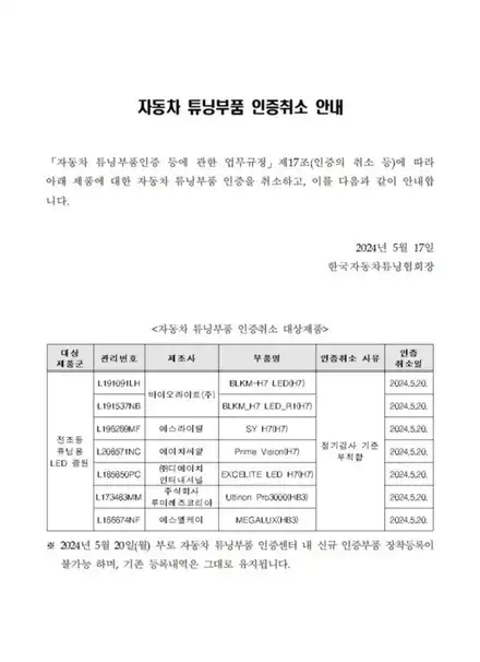 자동차 튜닝 전조등 LED 인증 취소된 업체 목록 공유 당근 등 중고 사이트에서 아래 제품 구입하시면 등록 안되고 자동차검사 불합격 됩니다. 조심하세요. / 서울 양천, 강서, 목동 시공 사진