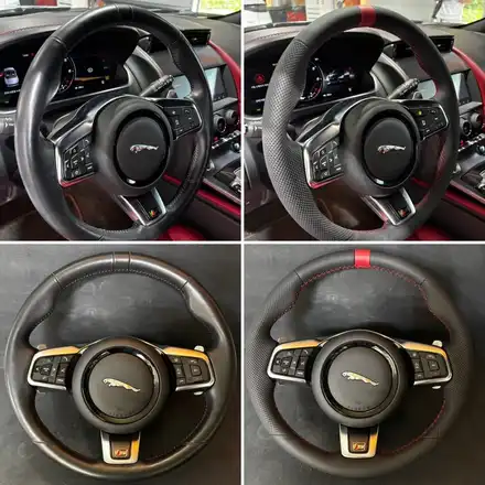 재규어 F-TYPE 컨버터블 핸들 가죽교체 튜닝 │ 레드 센터띠와 타공가죽으로 완성한 스포츠 감성 - 더핸들 / 남양주 별내면 시공 사진