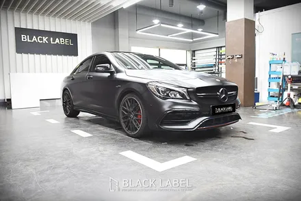 메르세데스 벤츠 CLA45 AMG 전체랩핑 재시공. 3M 사틴블랙. 하남랩핑 전문 블랙라벨 / 하남 초일동