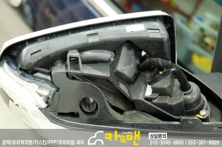 대구 올뉴말리부 라이트필름(스모그 그레이) 및 사이드미러(블랙 카본) 랩핑 시공/카앤맨 / 대구 북구 검단동
