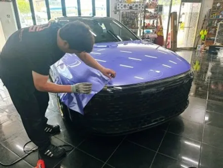 대전 튜닝 택시 연보라색 고광택 랩핑,크롬죽이기 시공 에어댐 랩핑 장착 카드레스스킨 / 대전 중구 산성동
