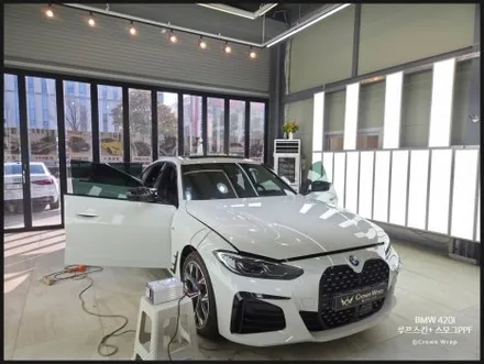 부산 랩핑 BMW 4시리즈(G26) 루프스킨, 스모그 헤드라이트 PPF  시공 레터링 교환과 앰블럼 랩핑은 서비스 / 부산 사상구