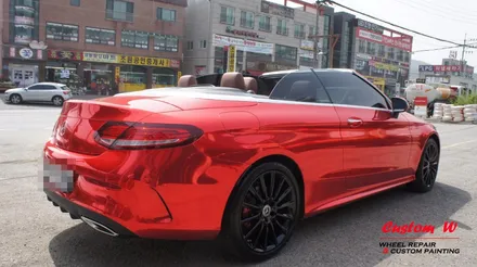 오픈에어링의 계절에 맞는! 신차 벤츠 C200 카브리올레의 블랙유광 휠도색과 레드 캘리퍼도색. / 용인 처인구