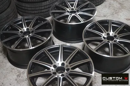벤츠 E63 AMG 다이아몬드 컷팅 가공을 통해 블랙 투톤 블랙 폴리시 휠 커스터마이징, 레드 캘리퍼 도색 그리고 보닛 도어 판금도색 복원 도색 작업까지.! / 용인 처인구
