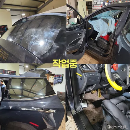 야당동 야당역 싼타페 dm 애니가드 AP80 반반사 필름,앞뒤 브랜톤 엠블럼 교체,1열 블루 풋등 시공 작업 후기 / 경기 파주