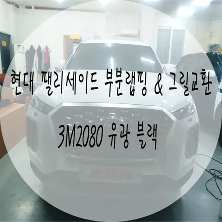 [EXA][대구랩핑전문] 현대 팰리세이드 부분랩핑 + 루프스킨 + 그릴교환 시공 작업 ( 3M 2080 유광블랙 ) / 대구 달성군 화원읍