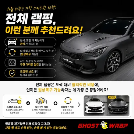 [일산 랩핑] 스팅어 전체랩핑 + 루프 블랙 PPF + 라이트 광변색 PPF 풀패키지 / 고양 일산 덕양구