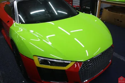 부산랩핑 전문점 현스게러지 아우디 R8 V10 스파이더 글로스 라이트 그린 전체랩핑 시공 소개 / 부산 강서구 명지동