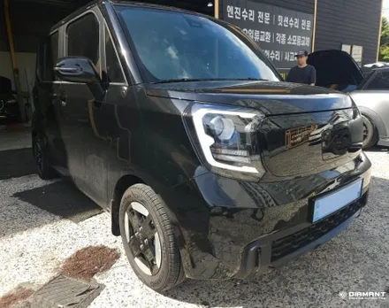 부산해운대랩핑 기아 레이EV 프론트립 3M2080블랙유광 포인트랩핑, 블랙 엠블럼교체 / 부산 해운대구