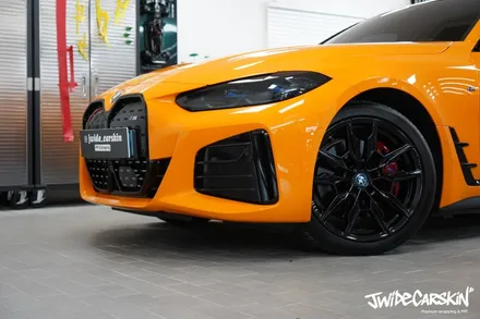 BMW i4 M50 전체랩핑 시공, 오렌지 컬러의 존재감은 그대로 광교랩핑전문업체 제이와이드 / 경기 수원 영통