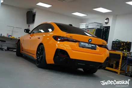BMW i4 M50 전체랩핑 시공, 오렌지 컬러의 존재감은 그대로 광교랩핑전문업체 제이와이드 / 경기 수원 영통