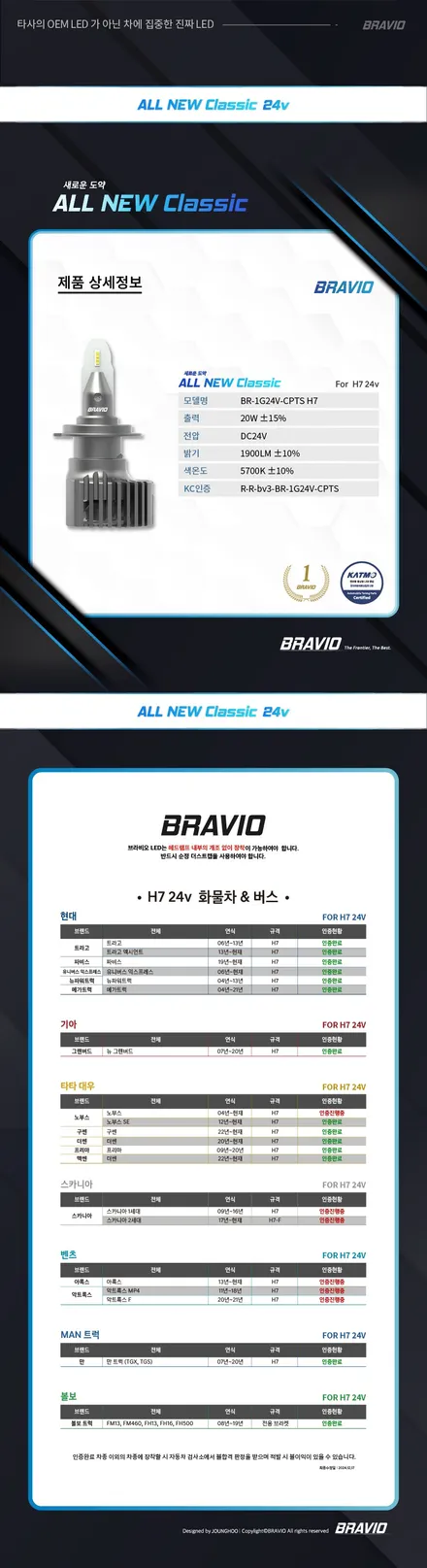 24V 합법인증 스티커인증 브라비오올뉴클래식 LED 전조등 검사통과 버스 트럭 대구 최다장착점 / 대구 달서