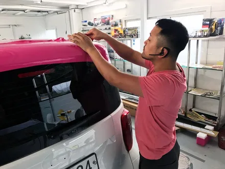 기아 레이 루프스킨 핑크 시공 - by 의정부 오토아틀리에, 레이, 레이루프스킨, 레이랩핑, 의정부랩핑, 의정부 카스킨,