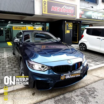부천랩핑, BMW 4시리즈 전체랩핑, PET 브리티시 그린 카멜레온 색상으로 전체랩핑, 고광택 전체랩핑 시공기. / 부천시 소사구 옥길동