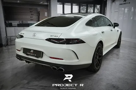 벤츠 AMG GT43 사틴 화이트 전체랩핑, 블랙PPF 루프스킨 시공, 부천 상동 프로젝트R / 부천 원미구 상동