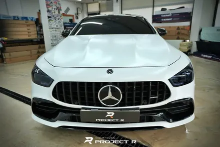 벤츠 AMG GT43 사틴 화이트 전체랩핑, 블랙PPF 루프스킨 시공, 부천 상동 프로젝트R / 부천 원미구 상동