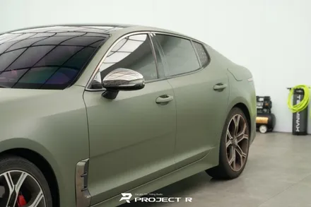 기아 스팅어 전체 랩핑, 3M 2080 매트 밀리터리 그린 시공, 부천 자동차래핑 프로젝트알 / 부천 원미구 상동