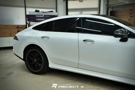 벤츠 AMG GT43 사틴 화이트 전체랩핑, 블랙PPF 루프스킨 시공, 부천 상동 프로젝트R / 부천 원미구 상동