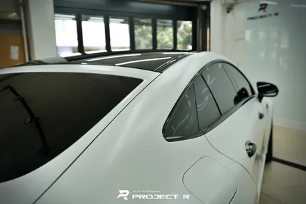 벤츠 AMG GT43 사틴 화이트 전체랩핑, 블랙PPF 루프스킨 시공, 부천 상동 프로젝트R / 부천 원미구 상동