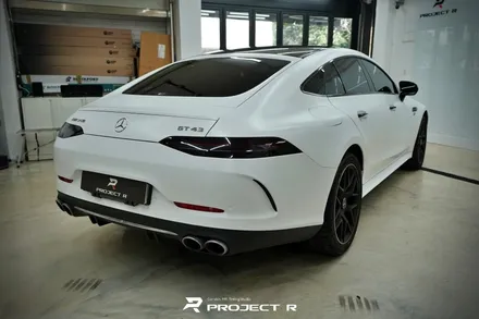 벤츠 AMG GT43 사틴 화이트 전체랩핑, 블랙PPF 루프스킨 시공, 부천 상동 프로젝트R / 부천 원미구 상동