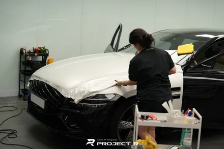 제네시스 G80 전체 랩핑, 3M 사틴 화이트펄 시공, 부천 자동차랩핑 프로젝트알 / 부천 원미구 상동