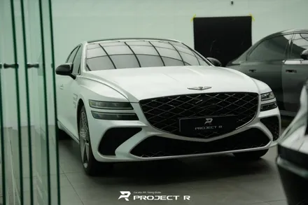 제네시스 G80 스포츠 범퍼 개조 전체 랩핑, 비닐프로그 사틴메탈릭 펄화이트 시공 부천 프로젝트알 / 부천 원미구 상동