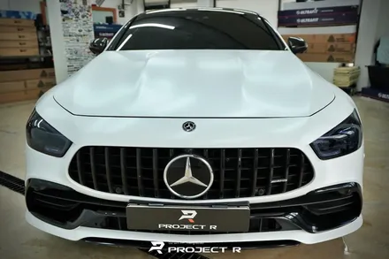 벤츠 AMG GT43 사틴 화이트 전체랩핑, 블랙PPF 루프스킨 시공, 부천 상동 프로젝트R / 부천 원미구 상동