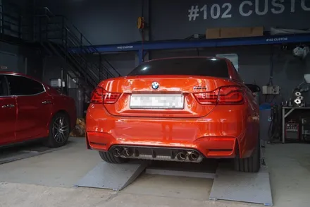 BMW F83 M4 컨버터블 배기음 상승 중통 소음기 교체 순정가변 온오프 장치 BMS 모듈 세팅~! / 서울 동작