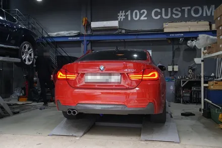BMW F32 420i 그란쿠페 배기음 튜닝 퍼포먼스 디퓨져 이식 가변배기시스템 커스텀 중통 앤드 카본 머플러 팁 장착 / 서울 동작