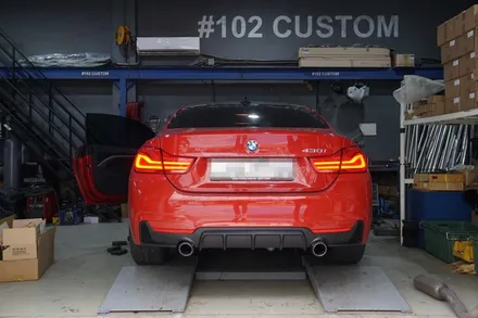 BMW F32 420i 그란쿠페 배기음 튜닝 퍼포먼스 디퓨져 이식 가변배기시스템 커스텀 중통 앤드 카본 머플러 팁 장착 / 서울 동작