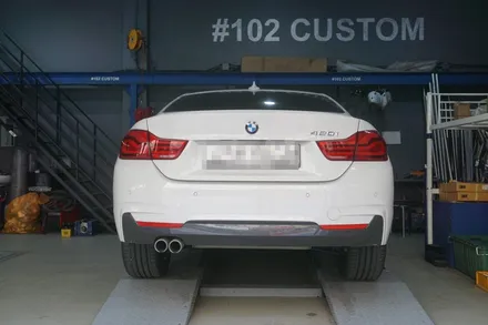 BMW F32 420i 변화와 품격의 완성 배기튜닝 리어 퍼포먼스 디퓨져 이식 ＆ 온오프 가능한 가변시스템 커스텀 중통 앤드 머플러 팁 장착 / 서울 동작