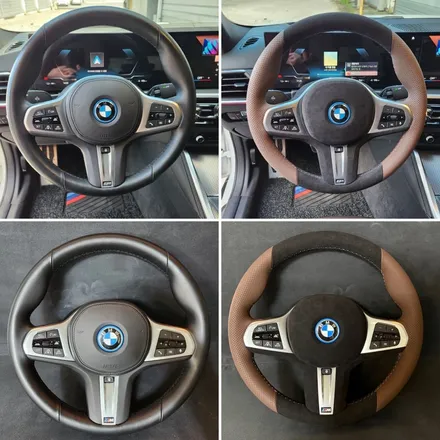[더핸들]BMW i4 핸들컬러변경 가죽교체 작업 (브라운가죽 + 블랙 알칸타라 + 삼색스티치) / 남양주 별내면