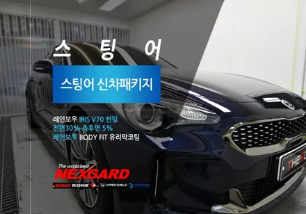 스팅어 블루 신차패키지 레인보우 IRIS V70 신차썬팅,레인보우 바디핏 유리막코팅,은평서대문마포상암강서가재울신차패키지썬팅,향동행신고양일산삼송원흥신차패키지썬팅 / 고양시 화전동