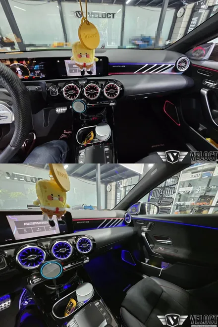 벤츠 W177 A클래스, 정품 AMG 대시보드 엠비언트 교체 (with 카본 사이드미러 커버)