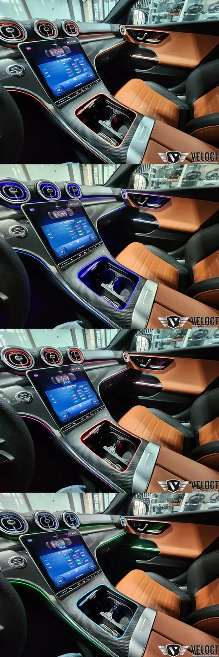 벤츠 W206 신형 C클래스 C200 빠진 엠비언트 옵션(대시보드, 도어손잡이, 송풍구) + 센터콘솔, 등받이 엠비언트 추가