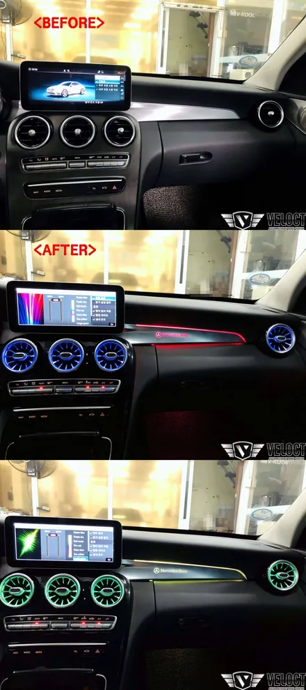 벤츠 20년식 C클래스 C200에 64색 엠비언트와 멀티컬러 활성화, 美쳤다!! (with 송풍구, 대시보드 풀셋)