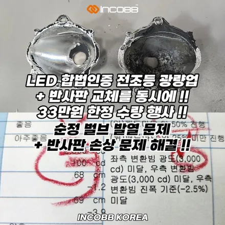 양쪽 교체 33만원 부산 싼타페DM 반사판 + LED 전조등을 동시에 !!  헤드라이트 전도등 변환빔 3000CD 광도 미달 부적합 해결 / 부산,김해